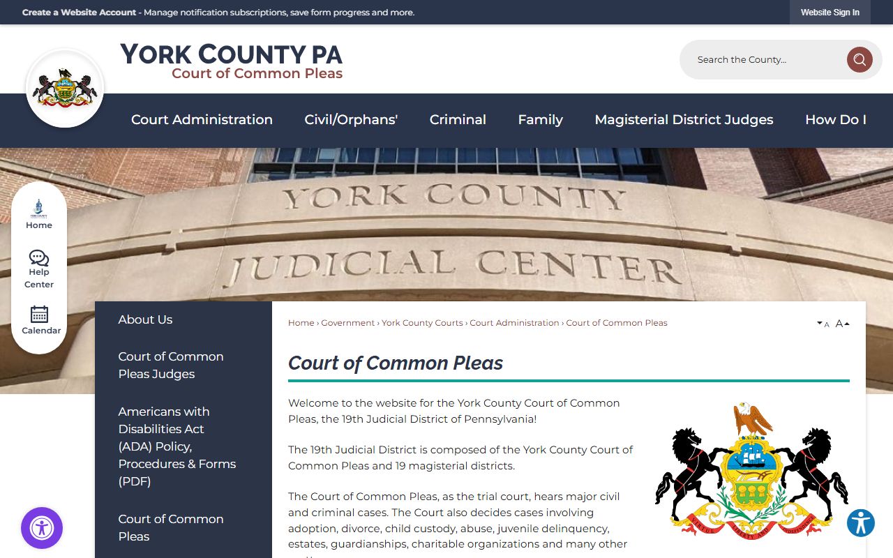 York County Court of Common Pleas court records overview page
