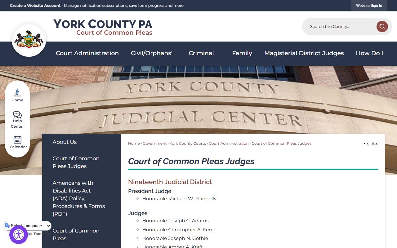 York County Court of Common Pleas judges roster for court records