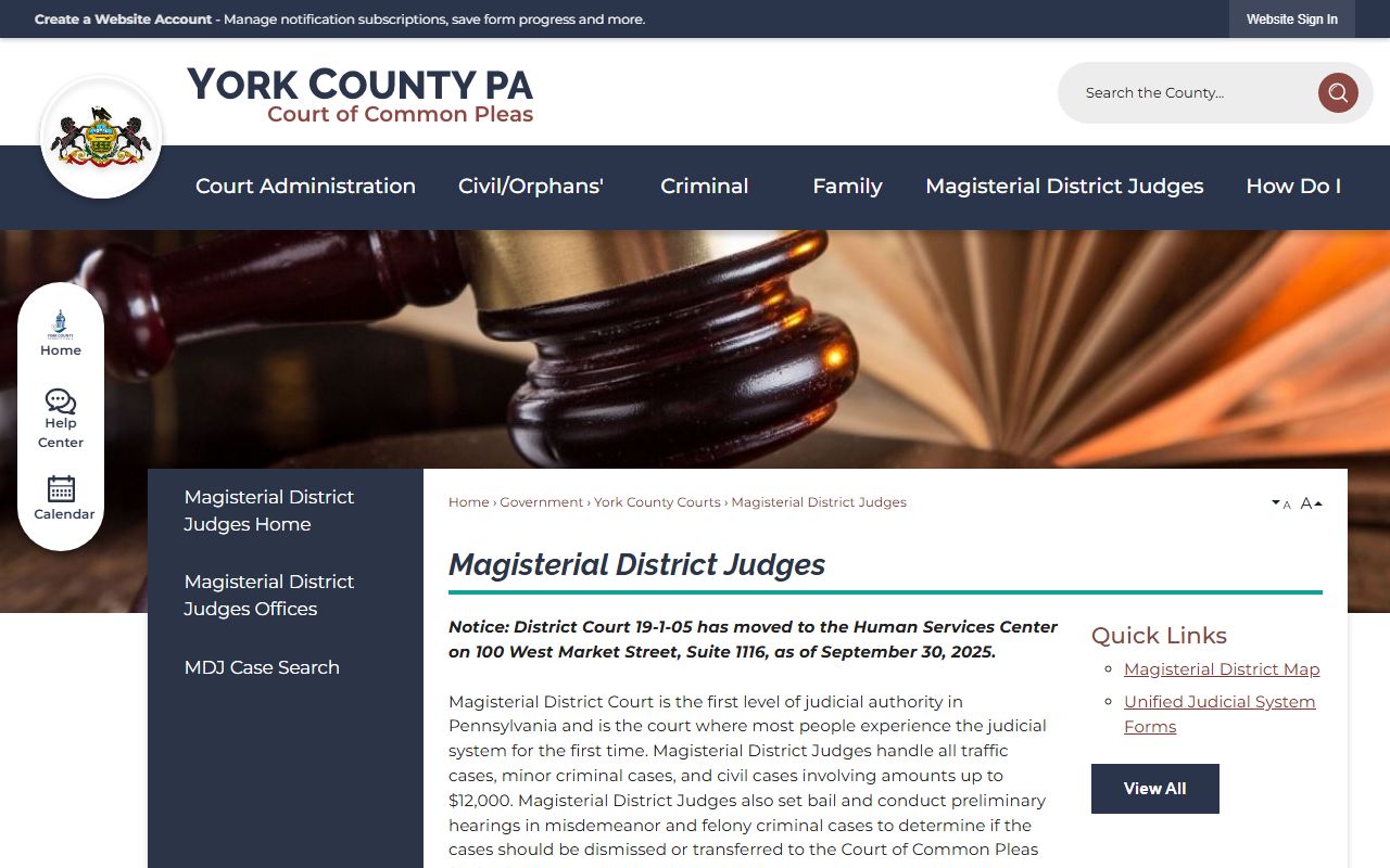 York County Magisterial District Judges page used for court records lookups