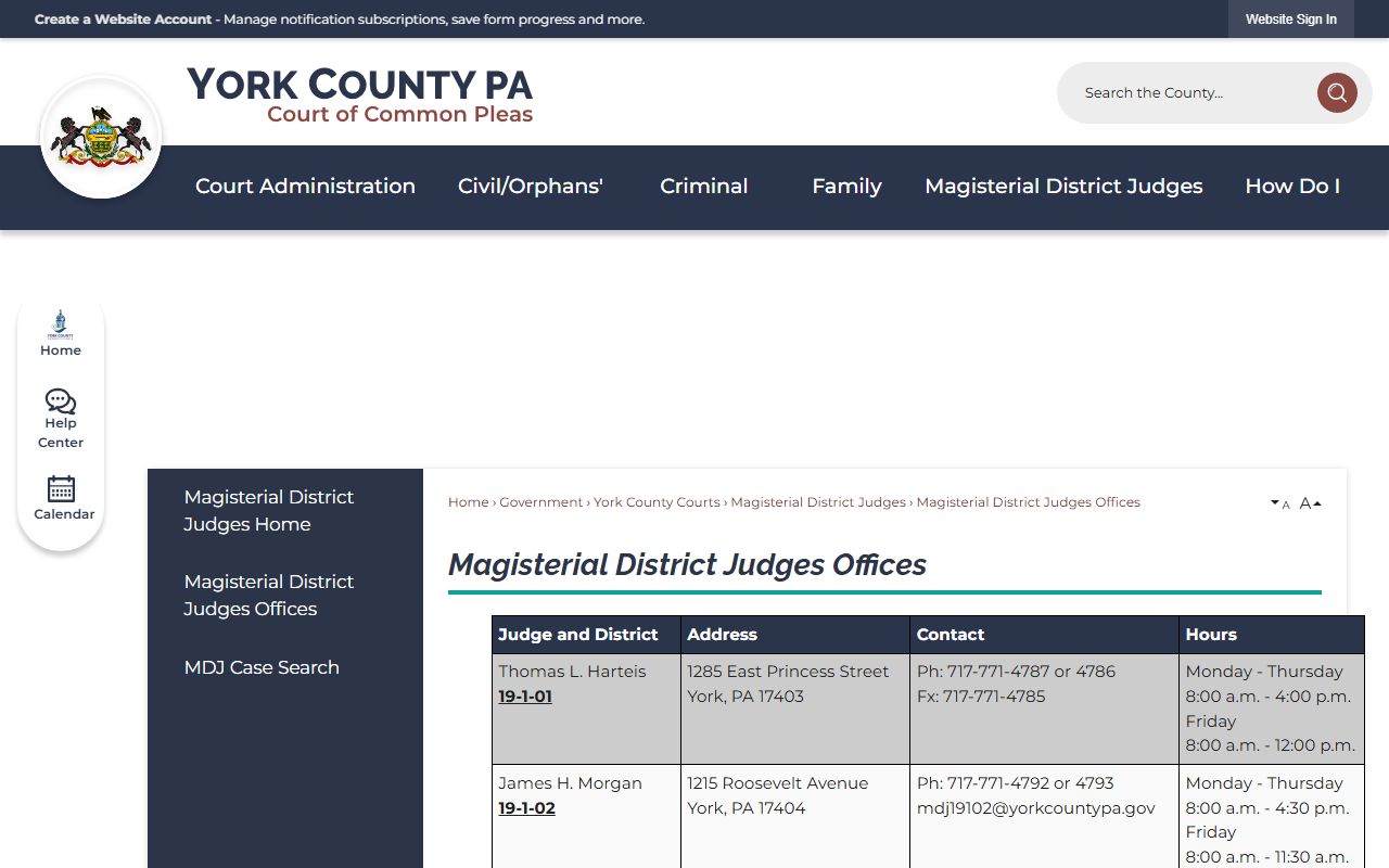 York County Magisterial District Judge offices list for court records