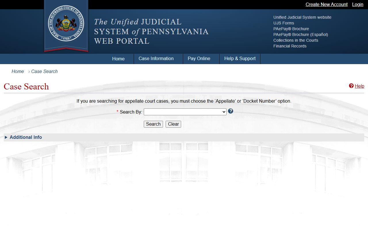 York County court records search on the Pennsylvania UJS Case Search portal