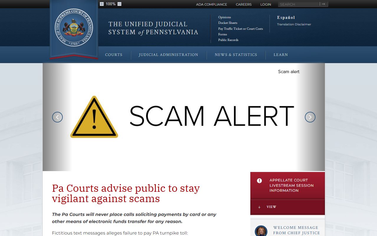 Unified Judicial System of Pennsylvania court records access page