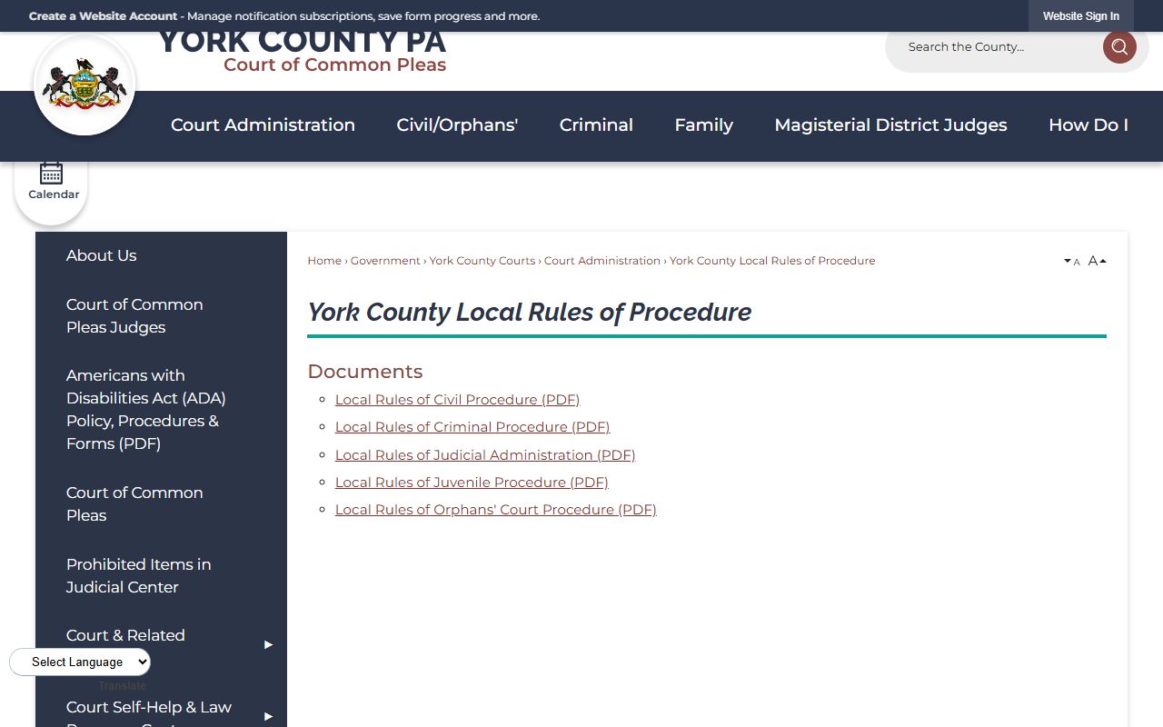 York County local rules of procedure for reading court records