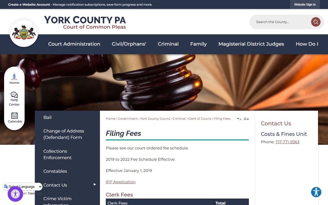 York County Clerk of Courts filing fees schedule page
