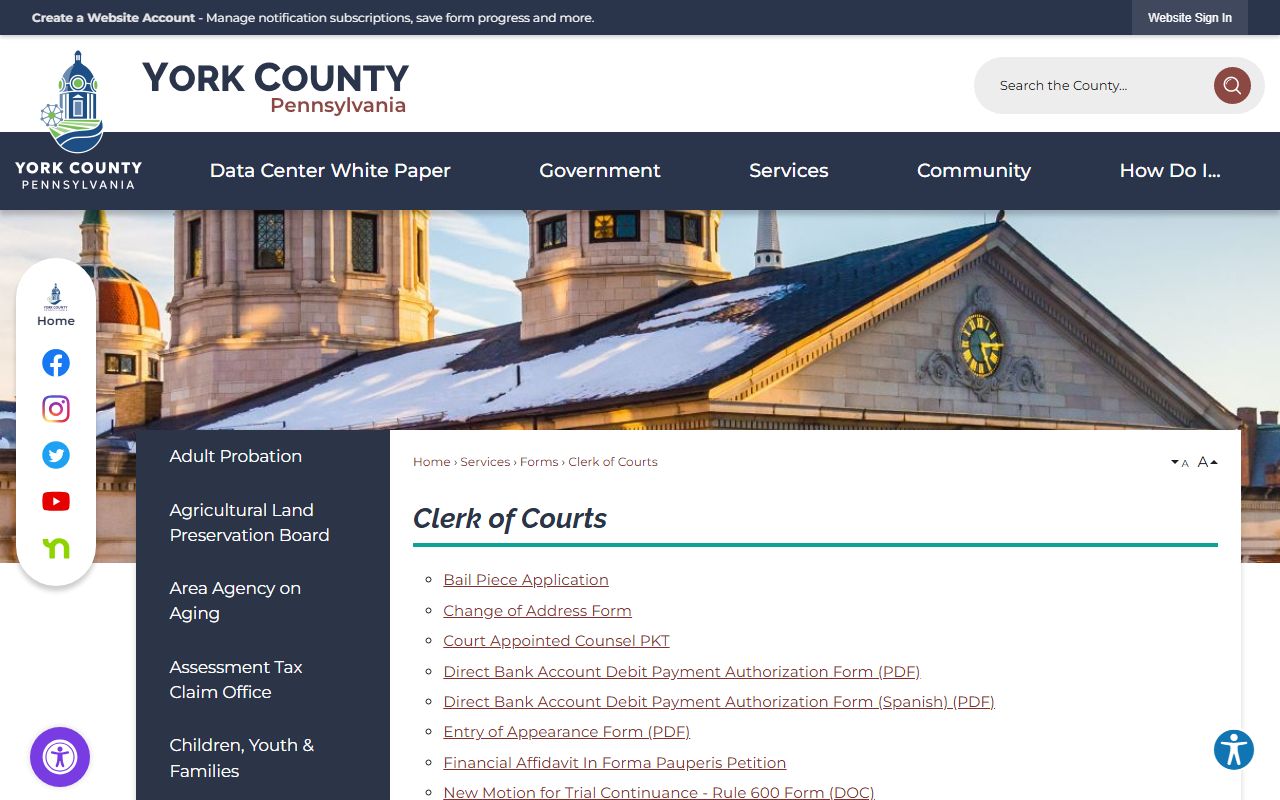 York County Clerk of Courts forms download page