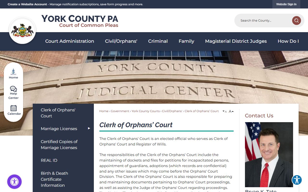 York County Clerk of Orphans Court and Register of Wills page related to the Clerk of Courts