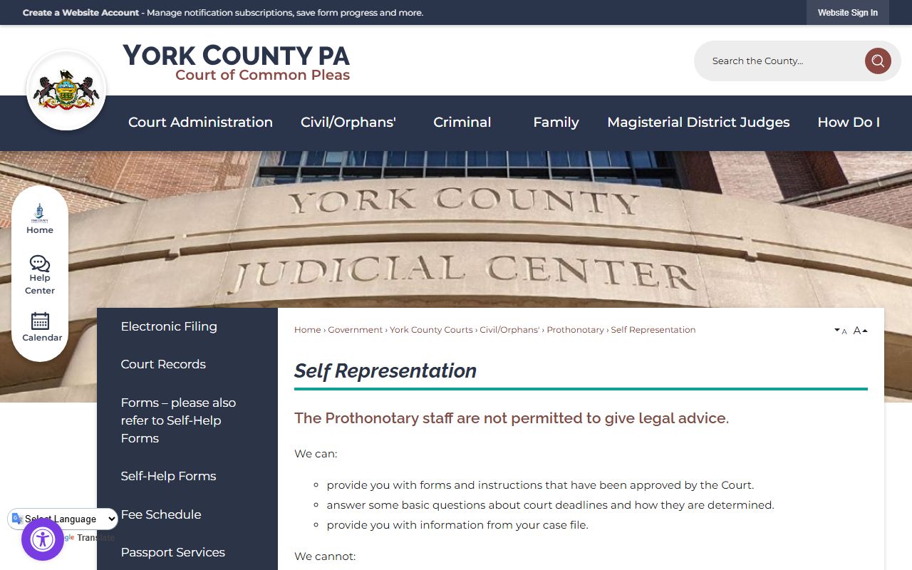 York County court dockets self-representation resources page