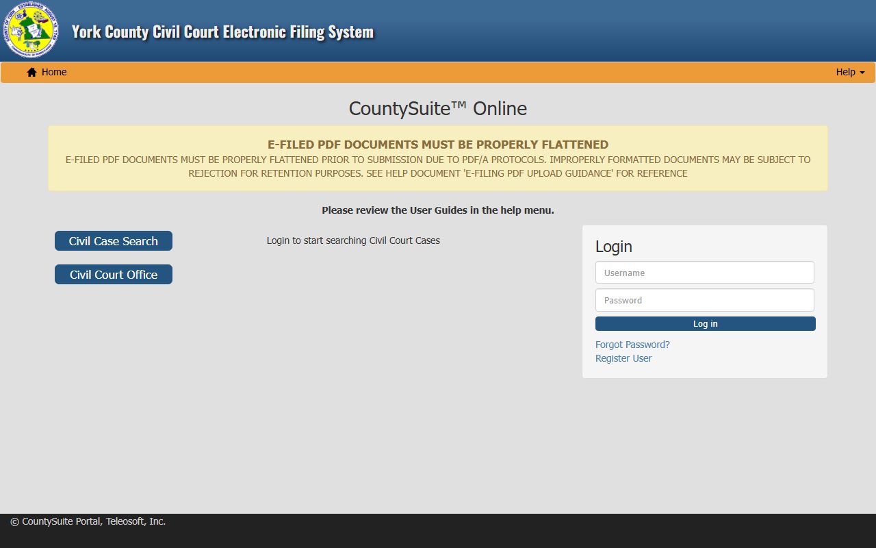 York County court records CountySuite Civil Case Search login screen
