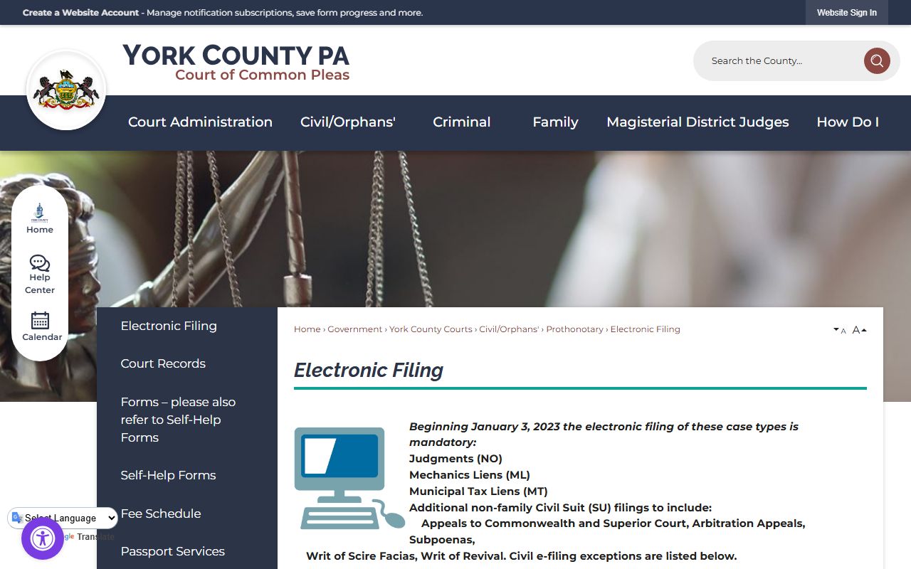 York County court records Prothonotary electronic filing policy page