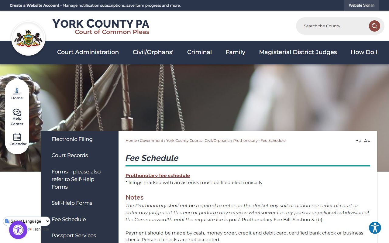 York County court records Prothonotary fee schedule page