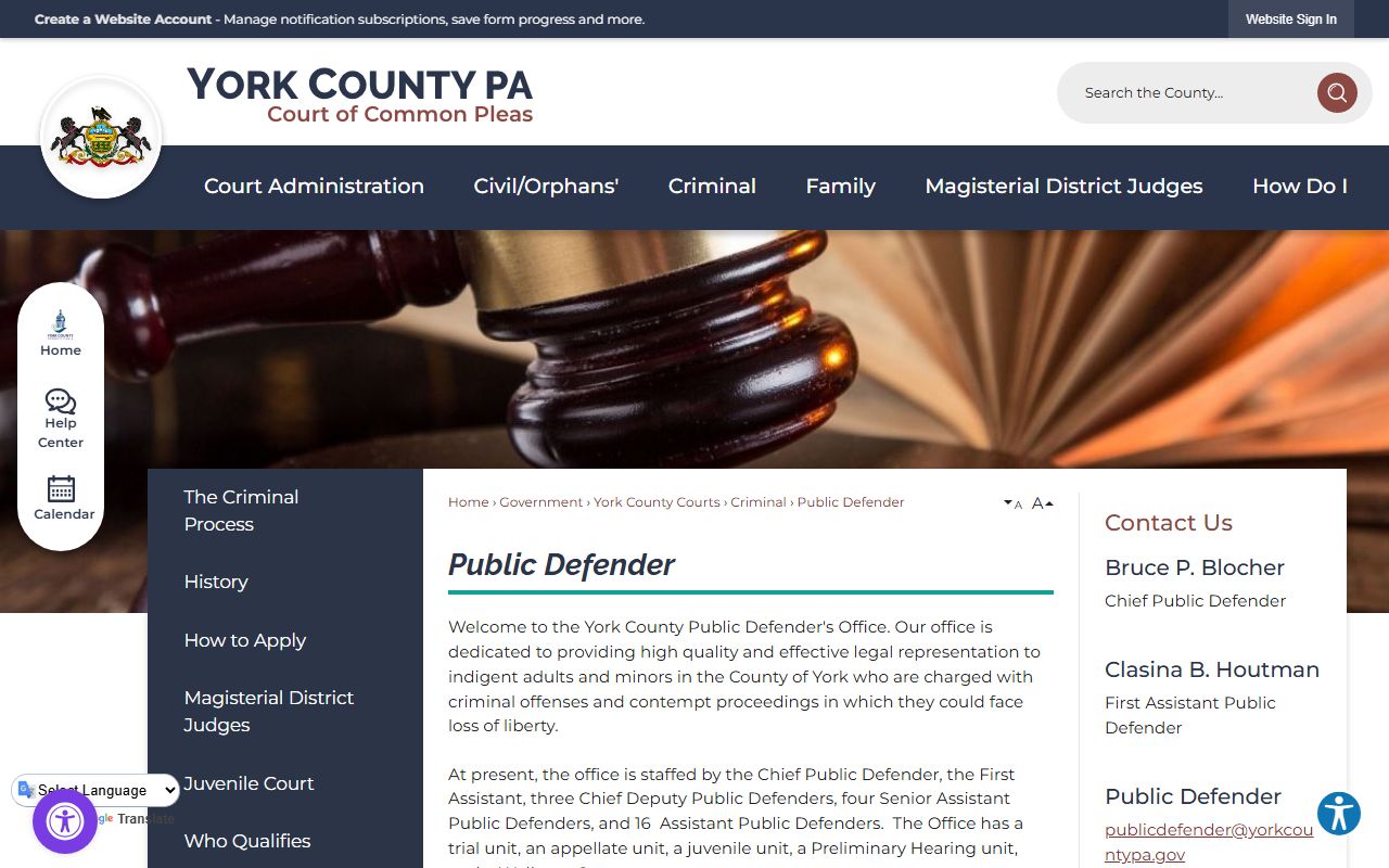 York County arrest records and Public Defender office page