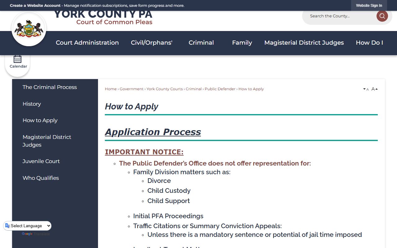 York County arrest records and Public Defender application instructions