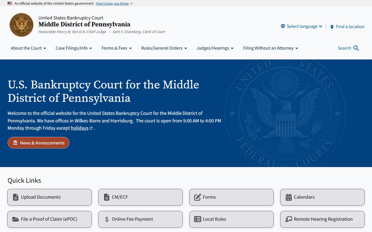 York County Court of Common Pleas related U.S. Bankruptcy Court for the Middle District of Pennsylvania website