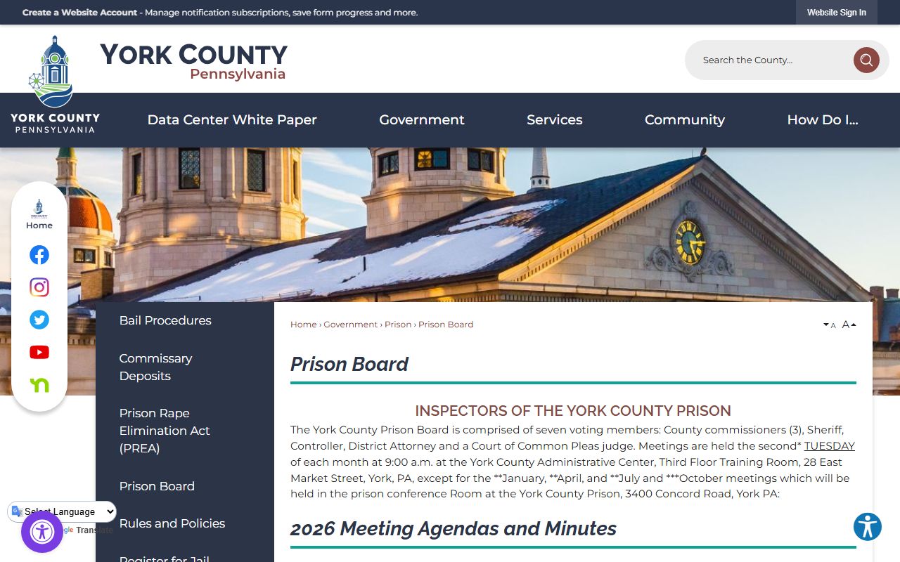 York County inmate population data and the York County Prison Board oversight page