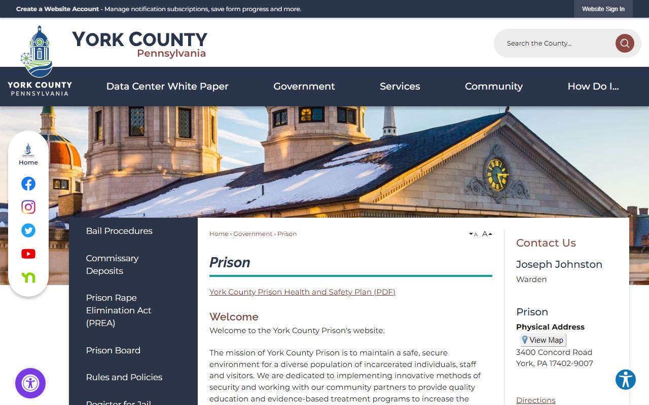 York County inmate records prison overview page