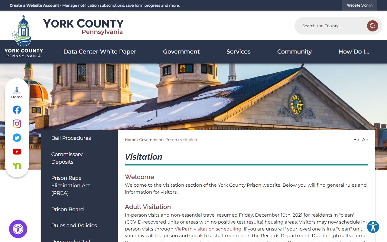 York County inmate records visitation rules page