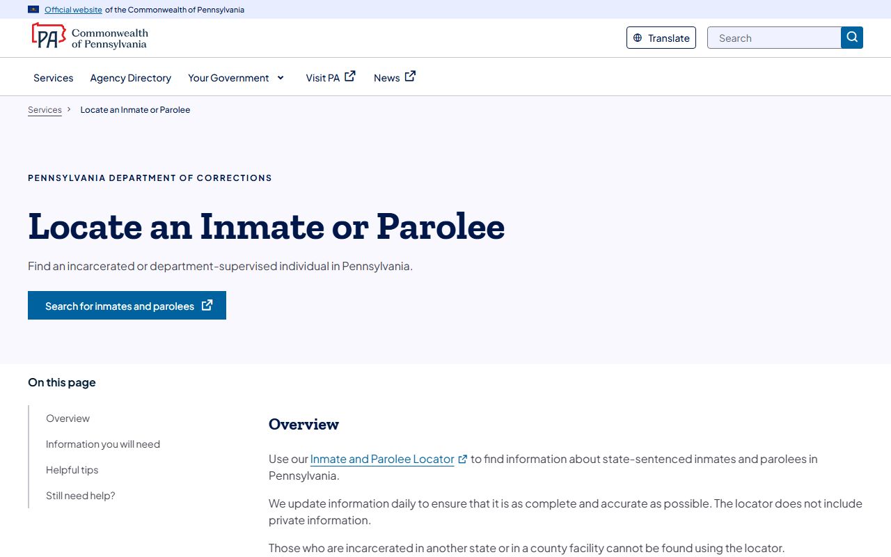 York County inmate records PA DOC inmate and parolee locator search form