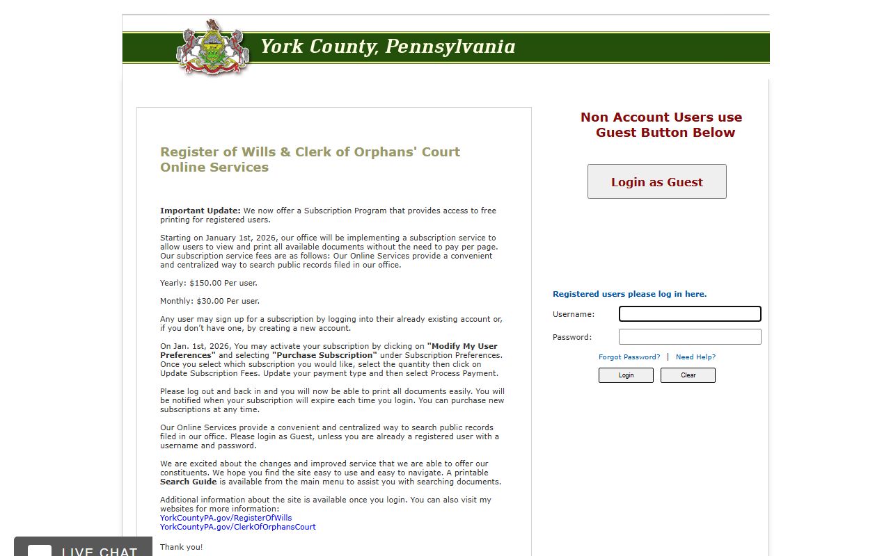 York County probate records search on the CountyFusion marriage and estate records portal