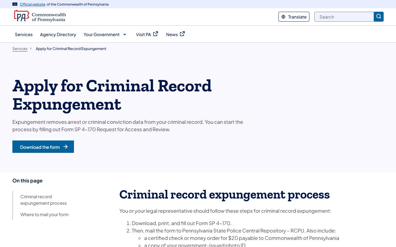 York County public records Pennsylvania expungement service page