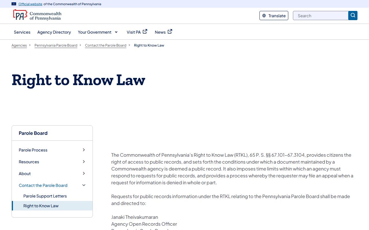 Pennsylvania Right-to-Know Law page used for York County released inmates records