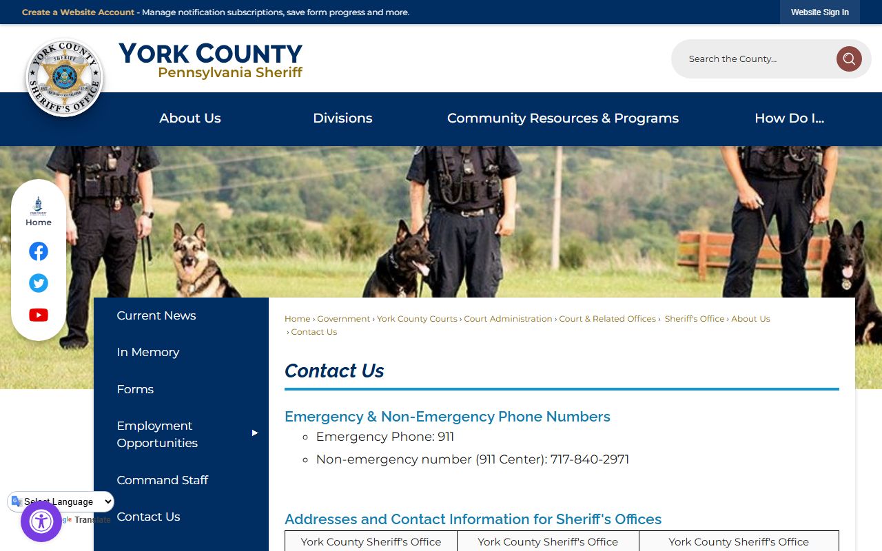 York County warrant records Sheriff's Office contact page