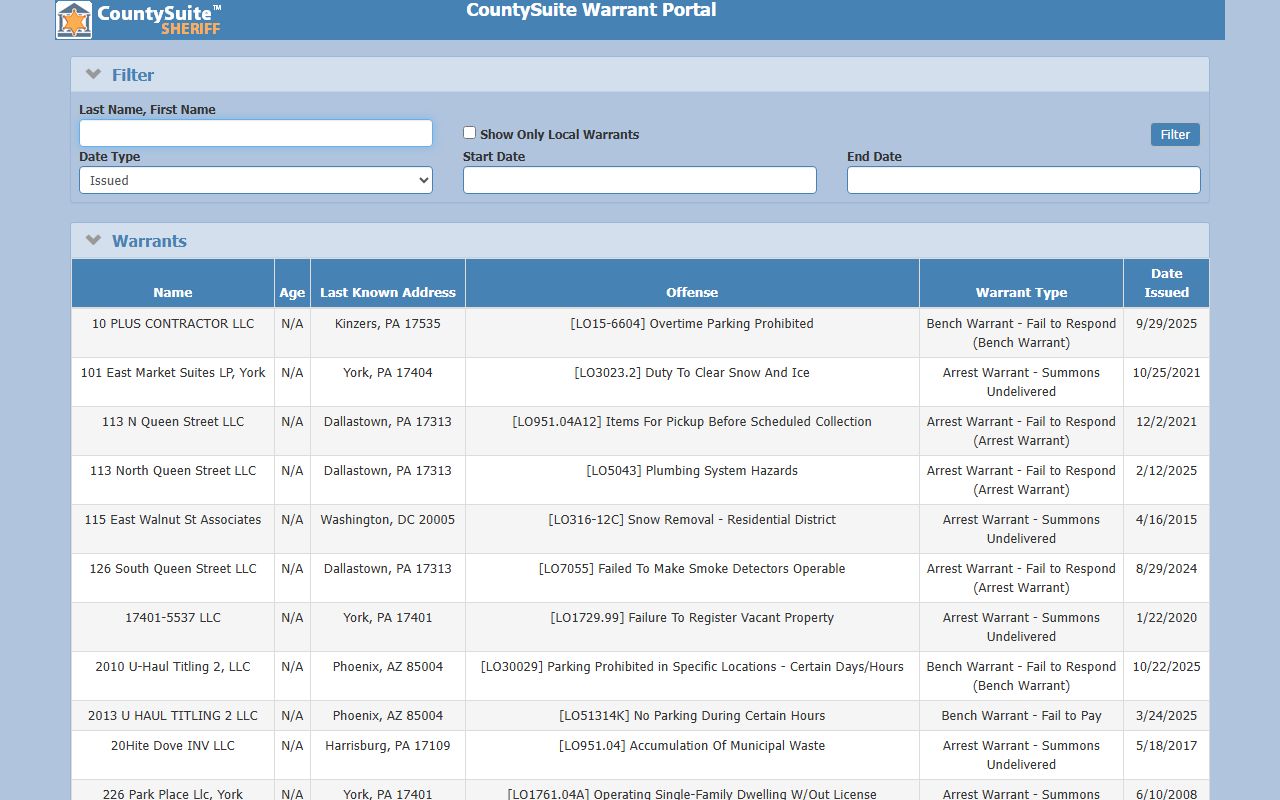 York County warrant records CountySuite Warrant Portal search page